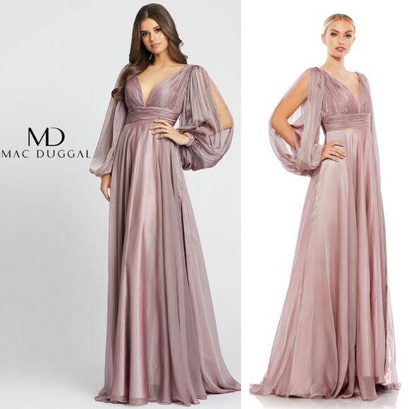 NWT Mac Duggal Chiffon Open Sleeve Gown in Mocha Mauve 67414 Size 4 - Picture 1 of 10